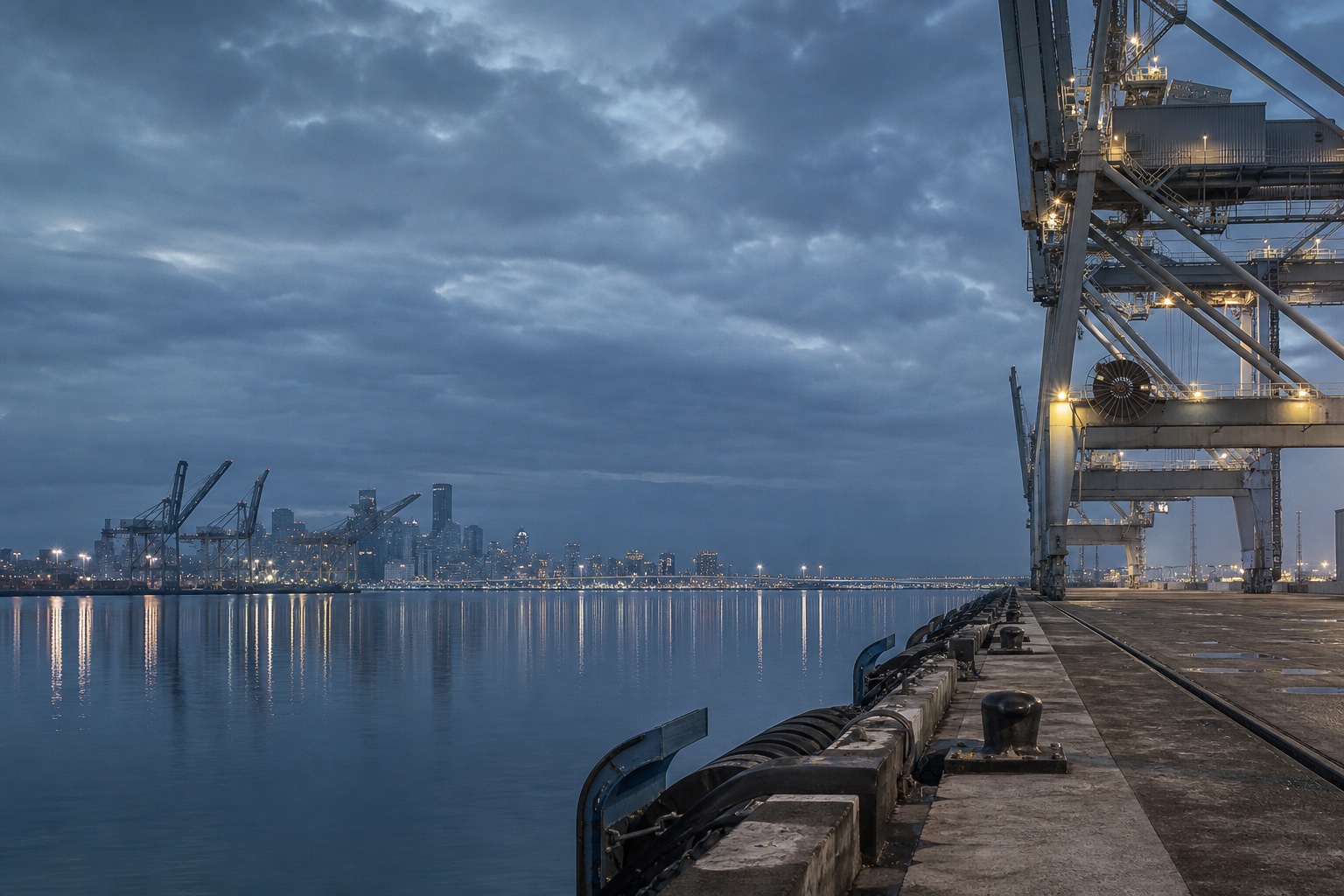 Port infrastructure at blue hour